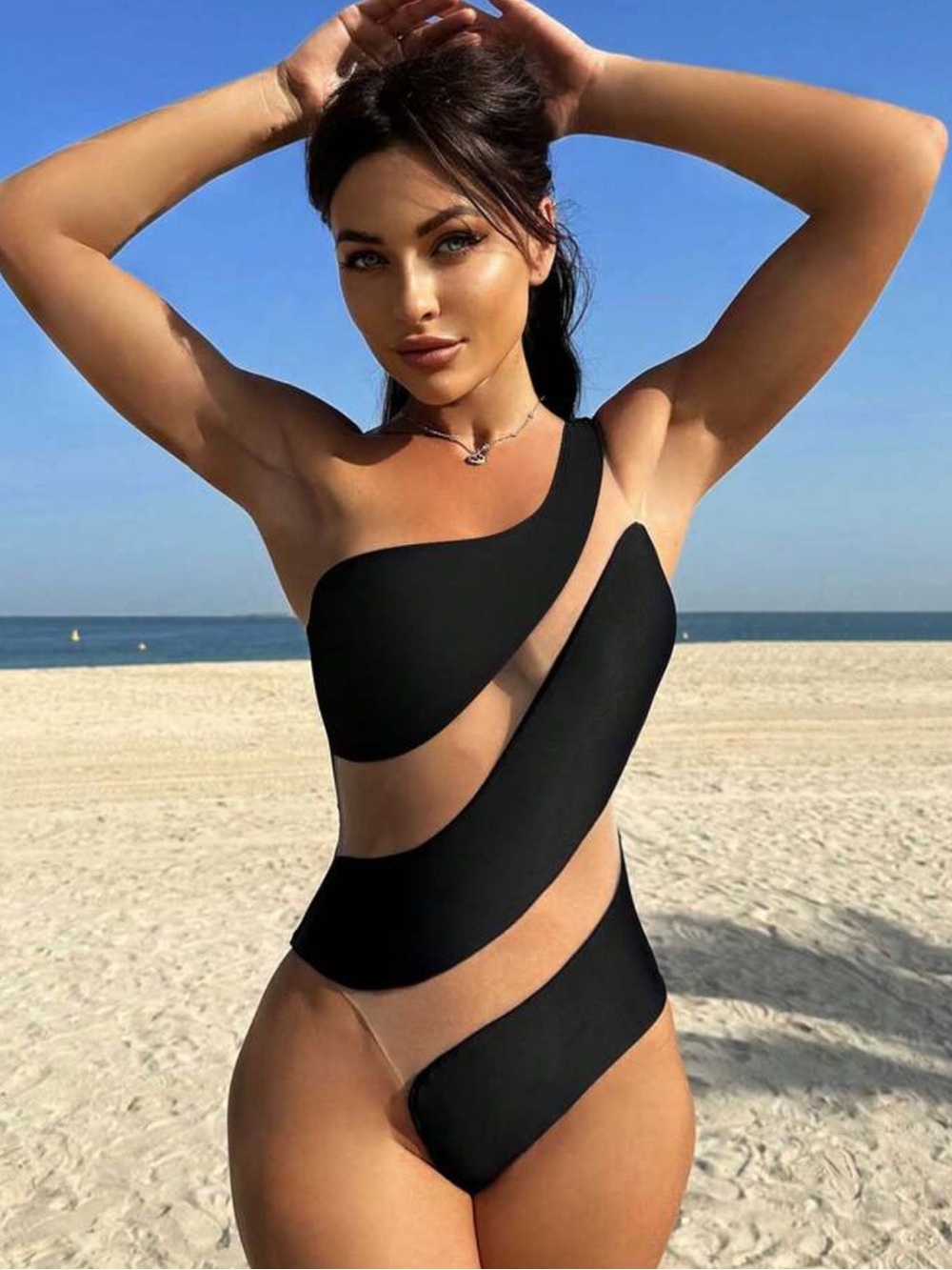 Women's One-Shoulder Black and Cream Stripe body suit